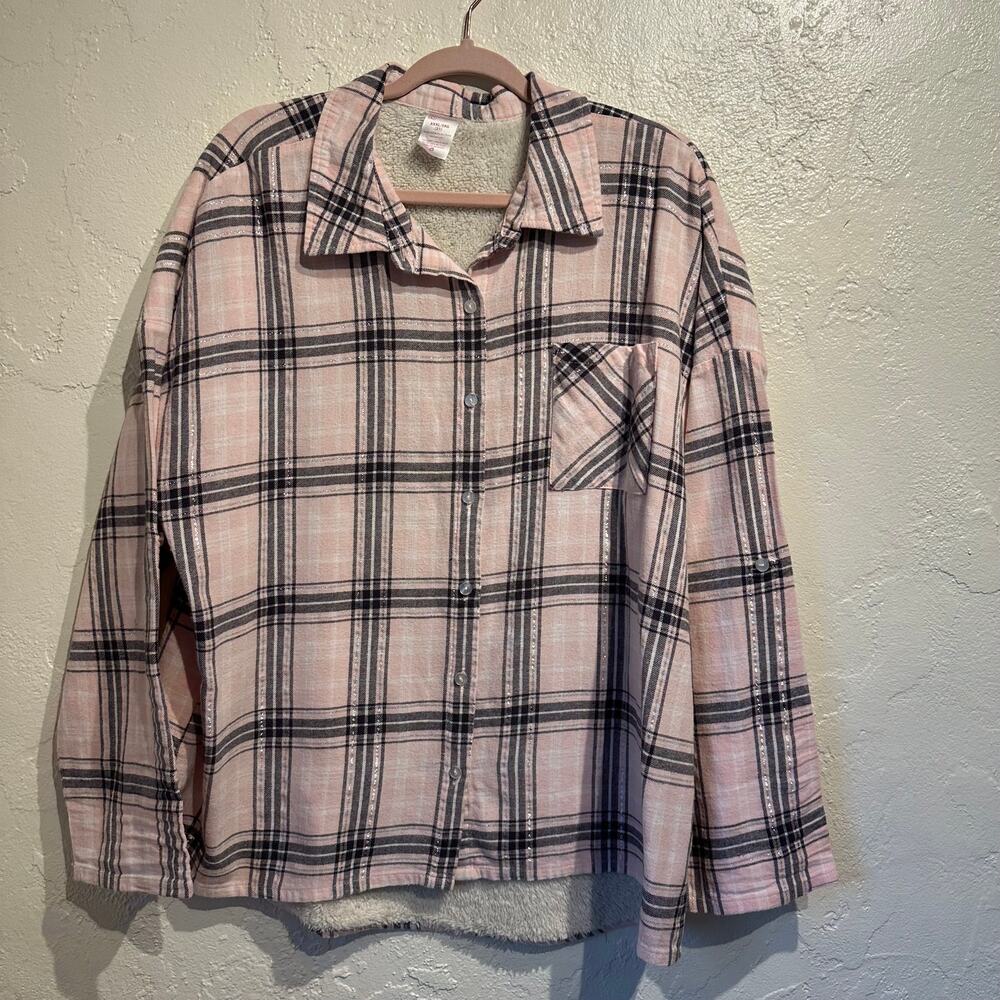 Xhilaration Size 3XL 21 Plaid Flannel Fleece Lined Button Up Pink Cozy Warm